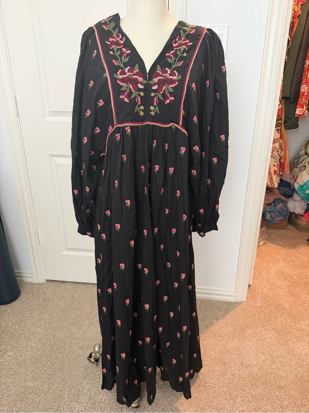 Farm Rio Black Maxi Dress with Pink Floral Embroidery
